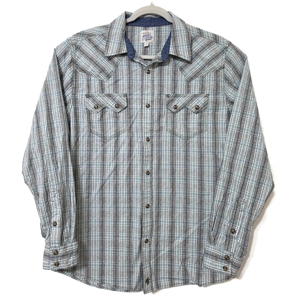 Moon‎ Shine Spirit Shirt Mens Medium Gray Plaid Long Sleeve Snap Western Cotton